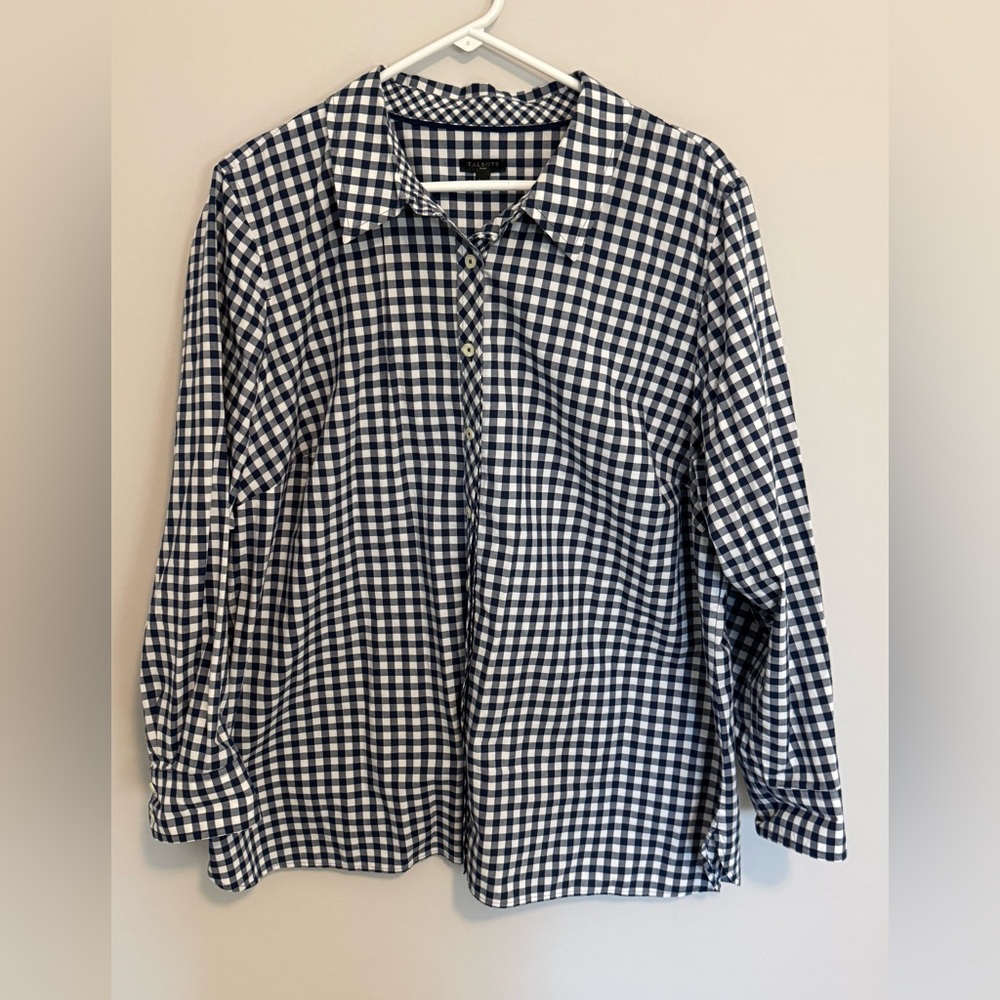 Talbots Women's Check Plaid Navy Gingham Button Down Shirt Long Sleeve Size 2X